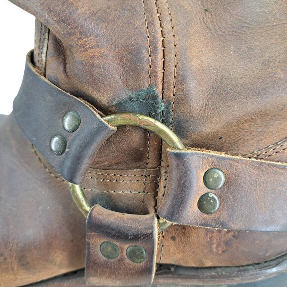 Frye Brown Leather Harness Pull On Moto Boots Size 8 Womens Heel Distressed - Picture 5 of 15